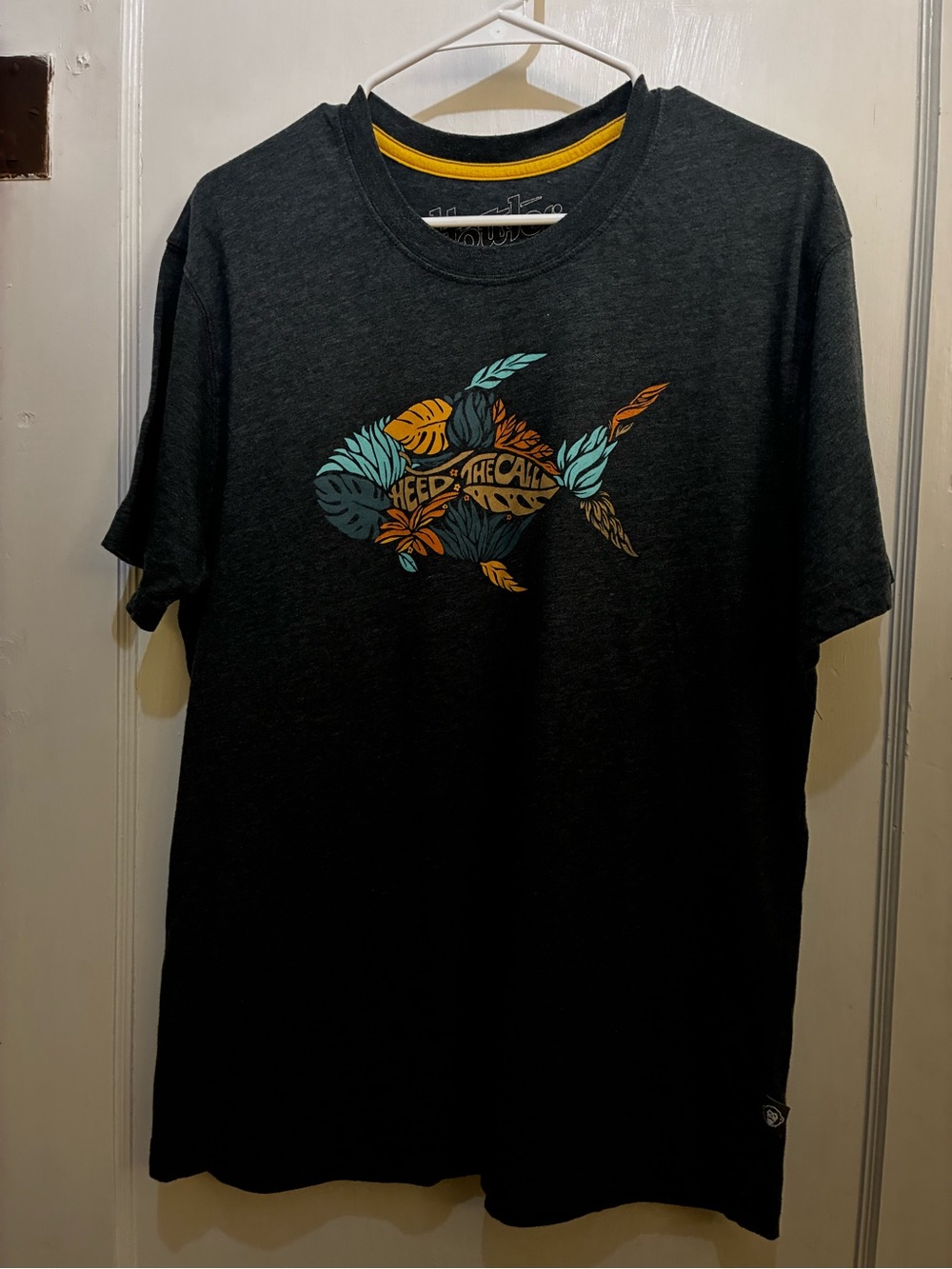 Howler Brothers Charcoal Crewneck t-shirt with Yellow Neck Trim